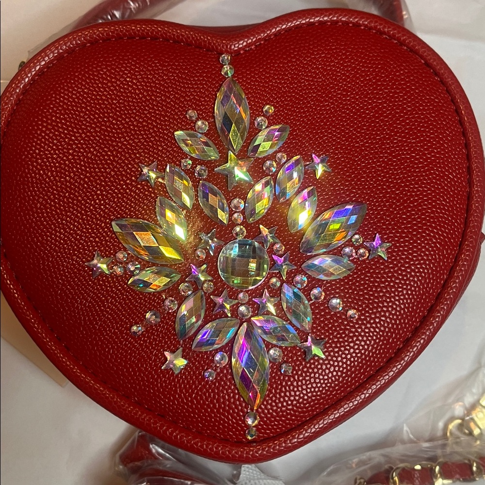 Red Heart-Shaped Bag with Crystal Embellishments Hand Crafted - Picture 8 of 8
